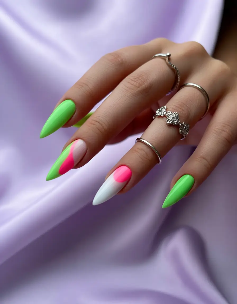 Pretty Summer Nails You’ll Want in 2025 Neon Split: Pink, White & Green Acrylic Almond Nails