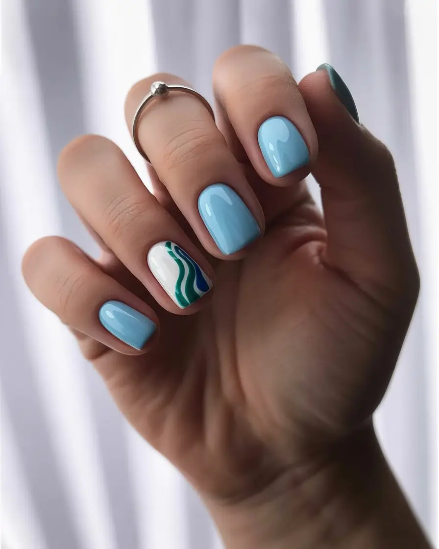 Pretty Summer Nails You’ll Want in 2025 Waveform Minimal: Ocean Blues with an Artistic Touch
