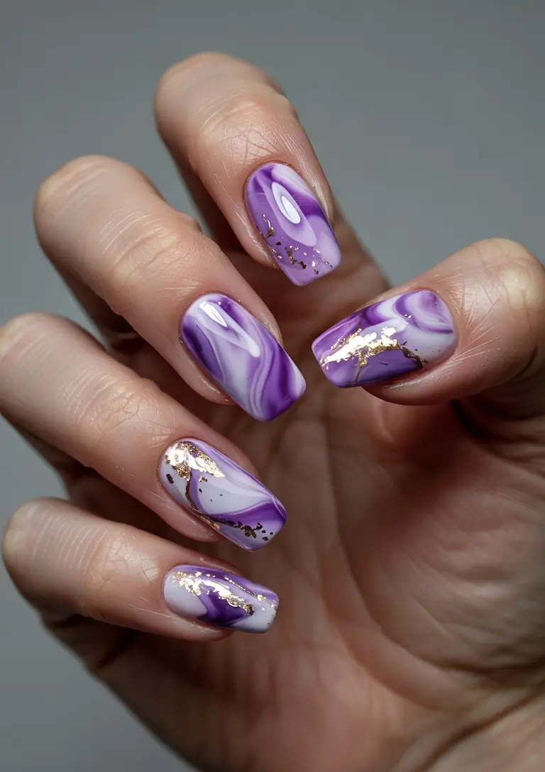 Purple Summer Nails You’ll Love in 2025+Lavender Swirl with Gold Foil Drama