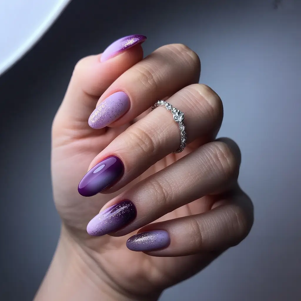 Purple Summer Nails You’ll Love in 2025+Ombre Twilight with Galaxy Dust
