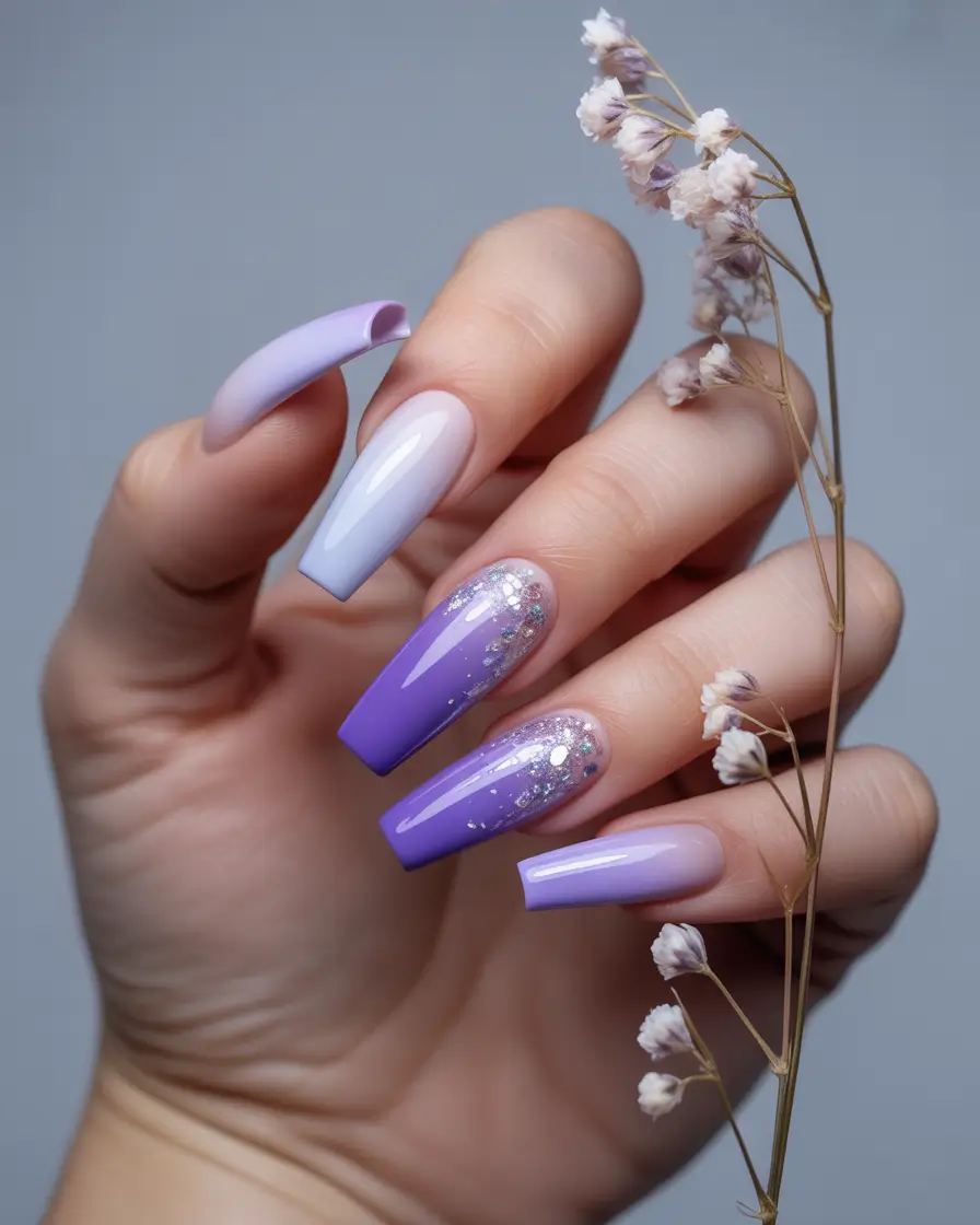 Purple Summer Nails You’ll Love in 2025 Glossy Ombré with Lilac Sparkle Tips