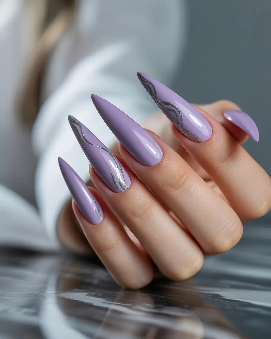 Purple Summer Nails You’ll Love in 2025 Lavender Flame with Metallic Silver Lines