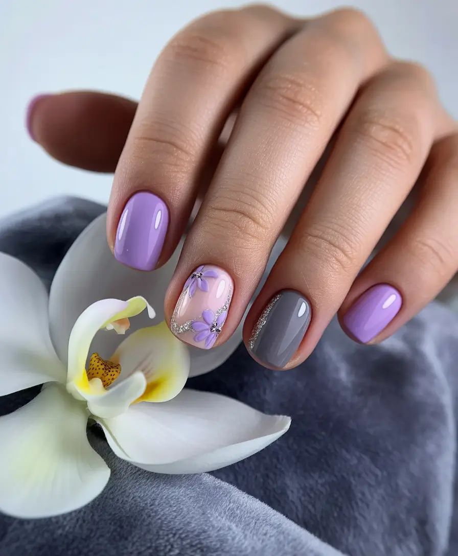 Purple Summer Nails You’ll Love in 2025+Botanical Lilac with Floral Accents and Grey