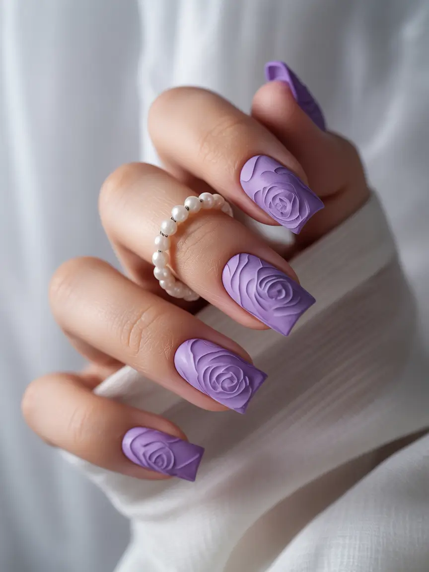 Purple Summer Nails You’ll Love in 2025+3D Sculpted Roses in Glossy Violet