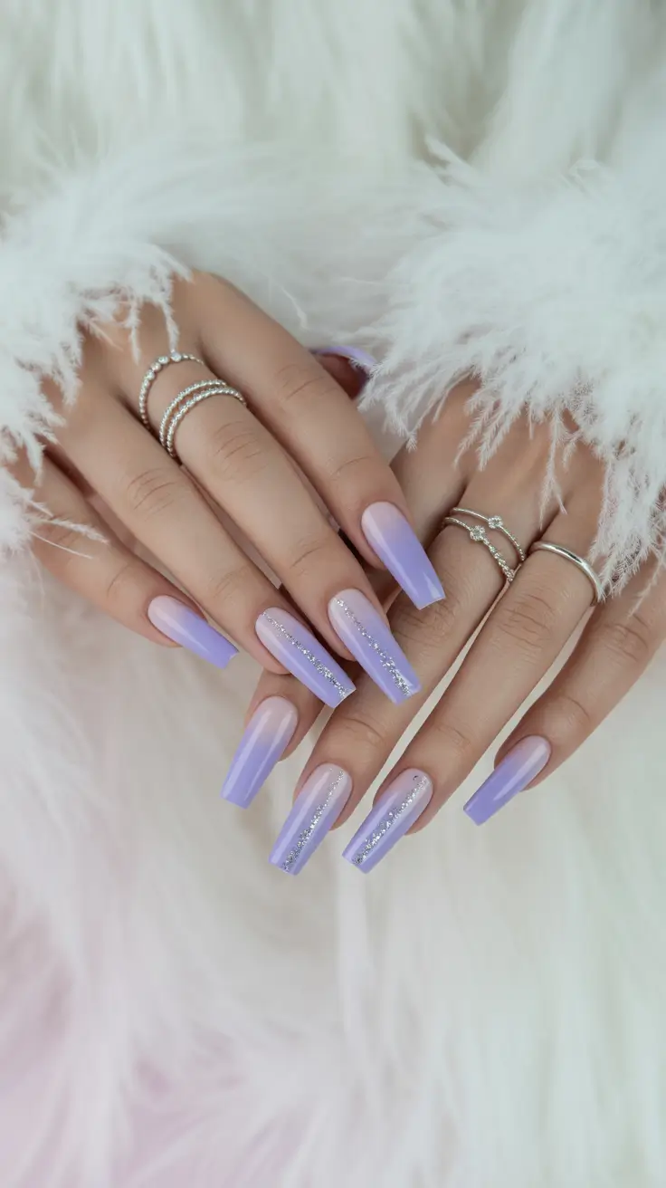 Purple Summer Nails You’ll Love in 2025+Glitter Fade on French Ombre Coffin