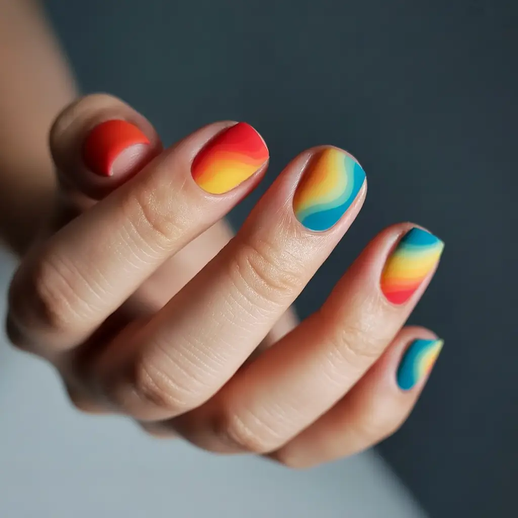 Round Summer Nails That Slay in 2025 Groovy Rainbow Matte Vibes