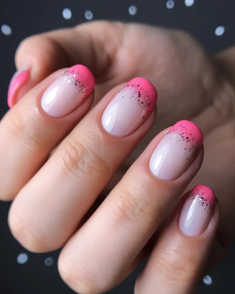 Round Summer Nails That Slay in 2025 Electric Pink Tips With a Glitter Fade