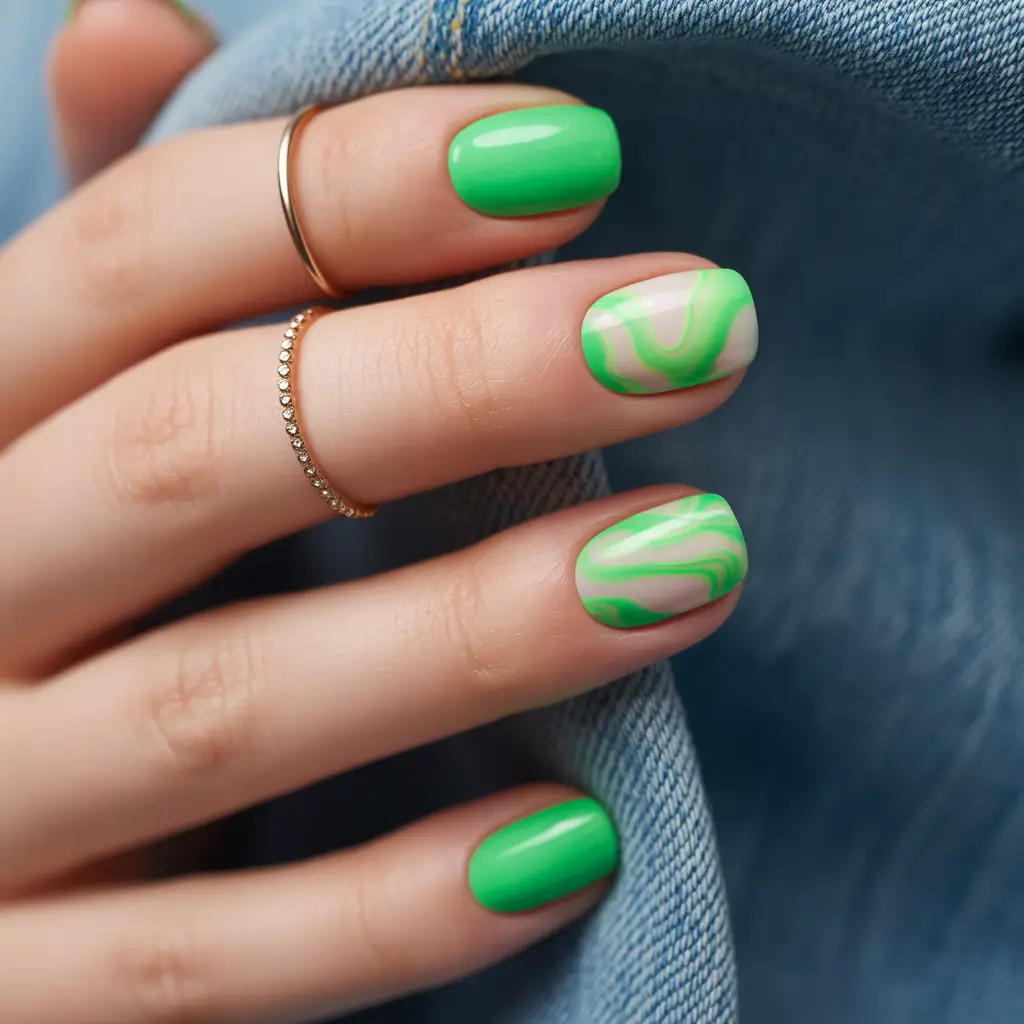Round Summer Nails That Slay in 2025 Green Marble Haze