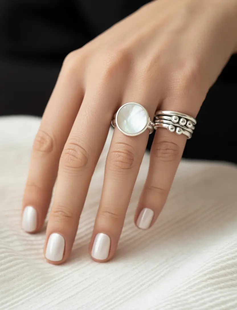 Round Summer Nails That Slay in 2025 Pearlized Elegance With a Whisper of Cool