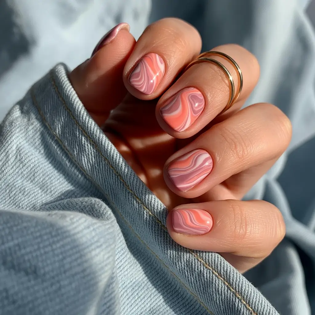 Short Acrylic Nails for Summer 2025 Vibes Coral Marble Daydream