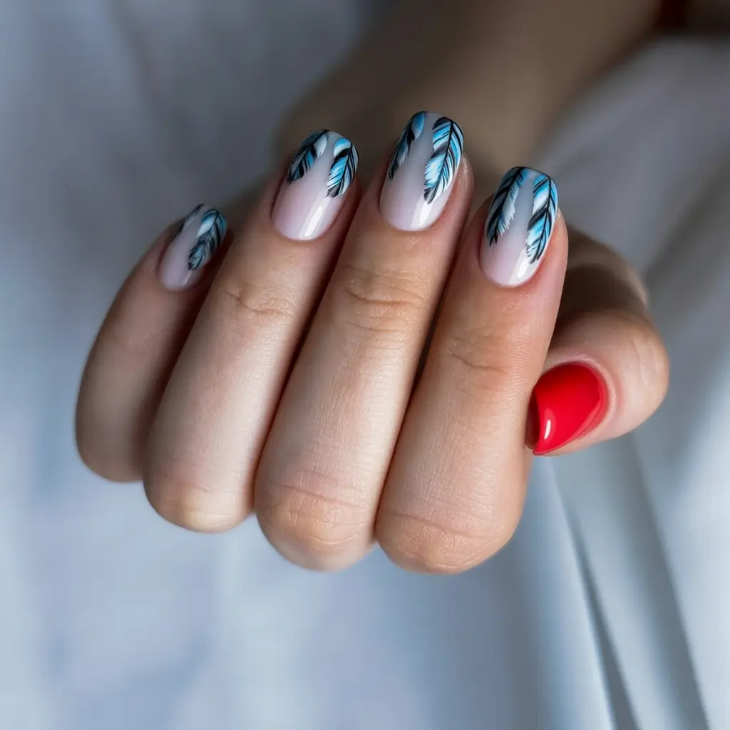 Short Acrylic Nails for Summer 2025 Vibes Feathered Tips with a Red Pop