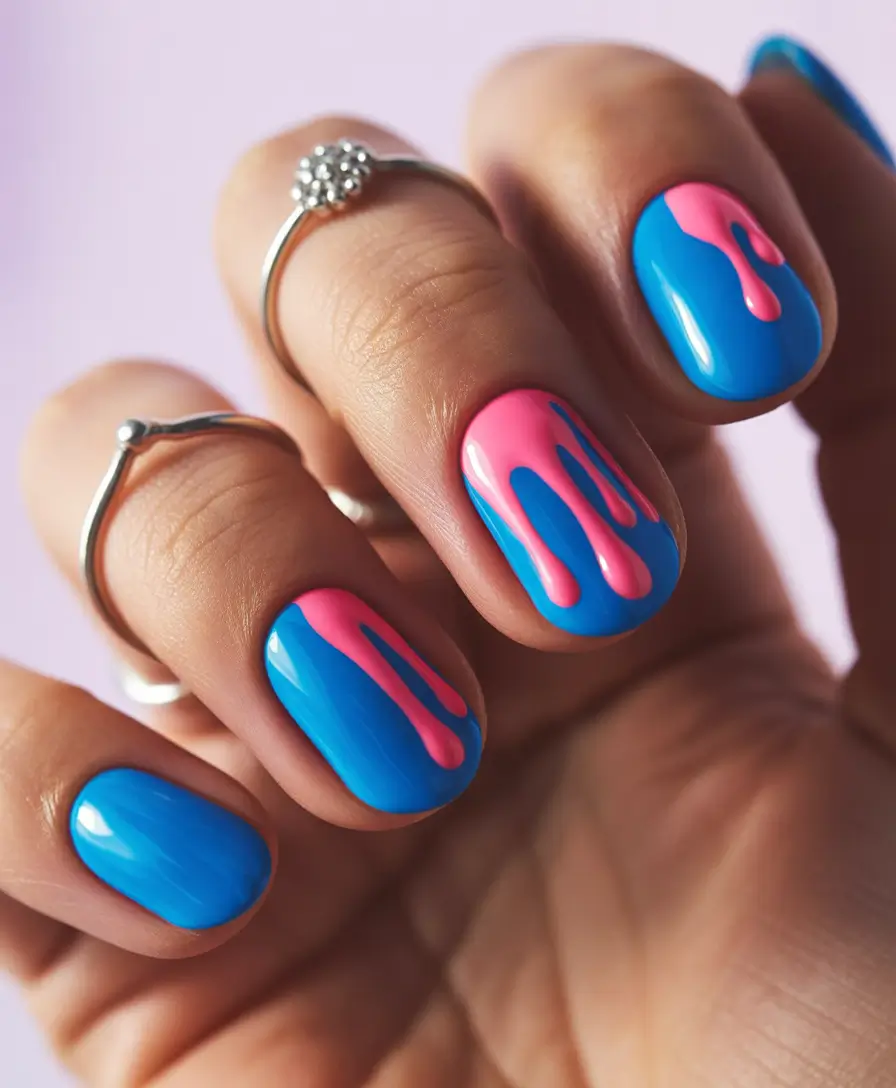 Short Acrylic Nails for Summer 2025 Vibes Blue and Pink Melted Drip