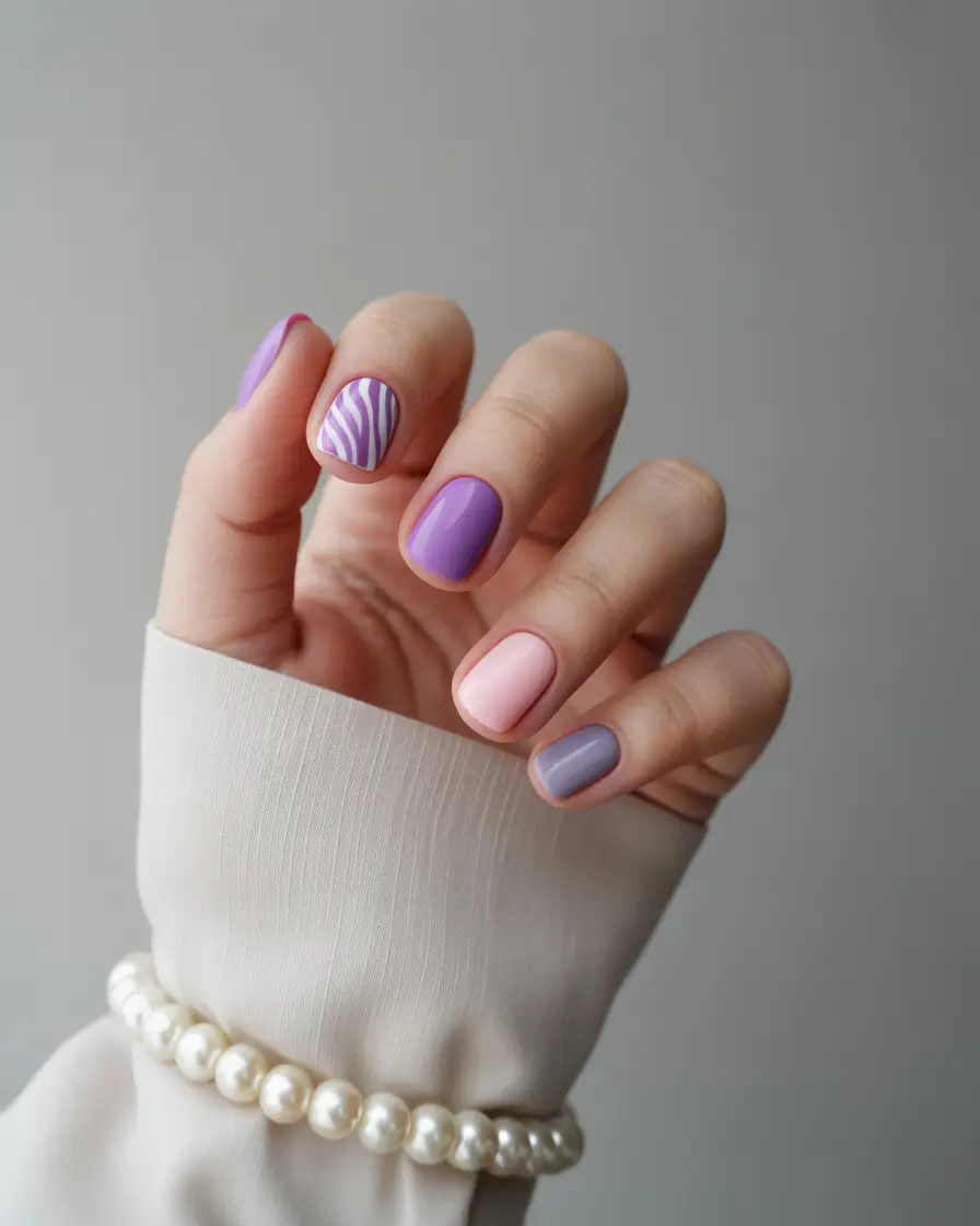 Short Acrylic Nails for Summer 2025 Vibes Dreamy Lavender with a Zebra Pop
