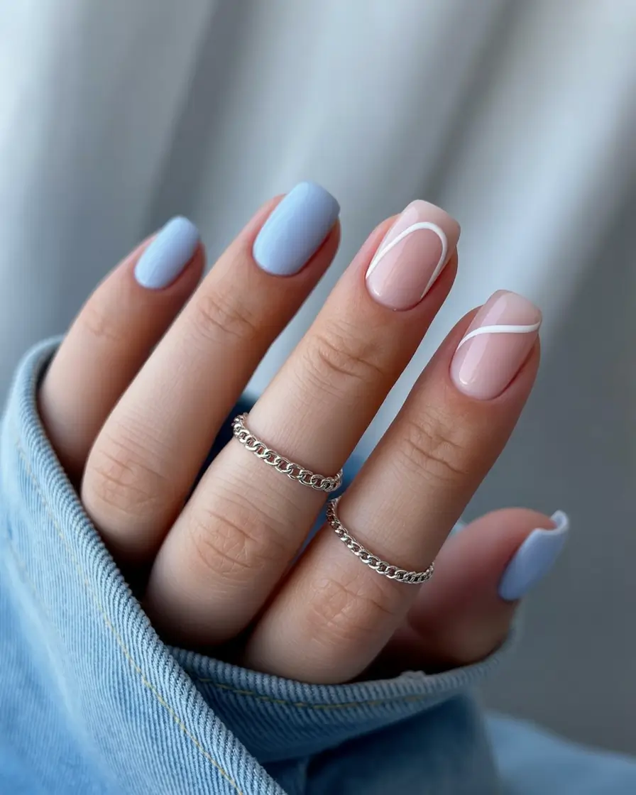 Short Acrylic Nails for Summer 2025 Vibes Sky Blue Minimalist with Abstract Curves