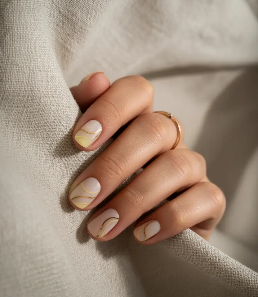 Short Acrylic Nails for Summer 2025 Vibes Soft Neutrals with Gold Wave Detailing