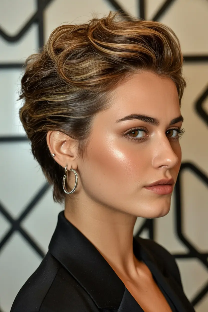 Short & Chic Summer Haircuts - Must-Try 2025 Looks Glossy Sculpted Pixie with Retro Waves