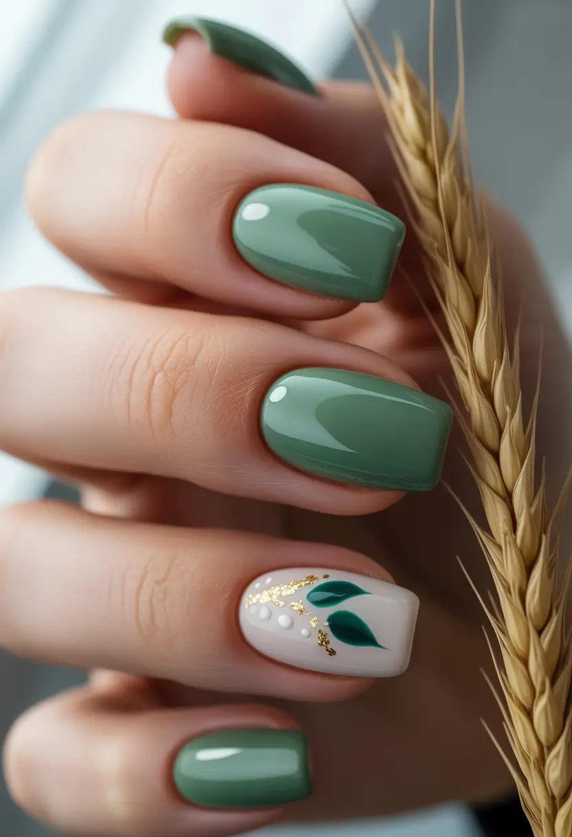 Short Summer Nails You’ll Want in 2025 - Earthy Greens with Gold Accents