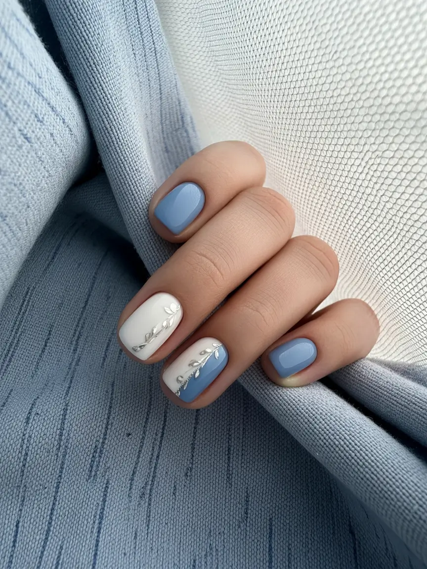 Simple Summer Nail Looks for 2025 Half-Dipped Blue and White Leaves