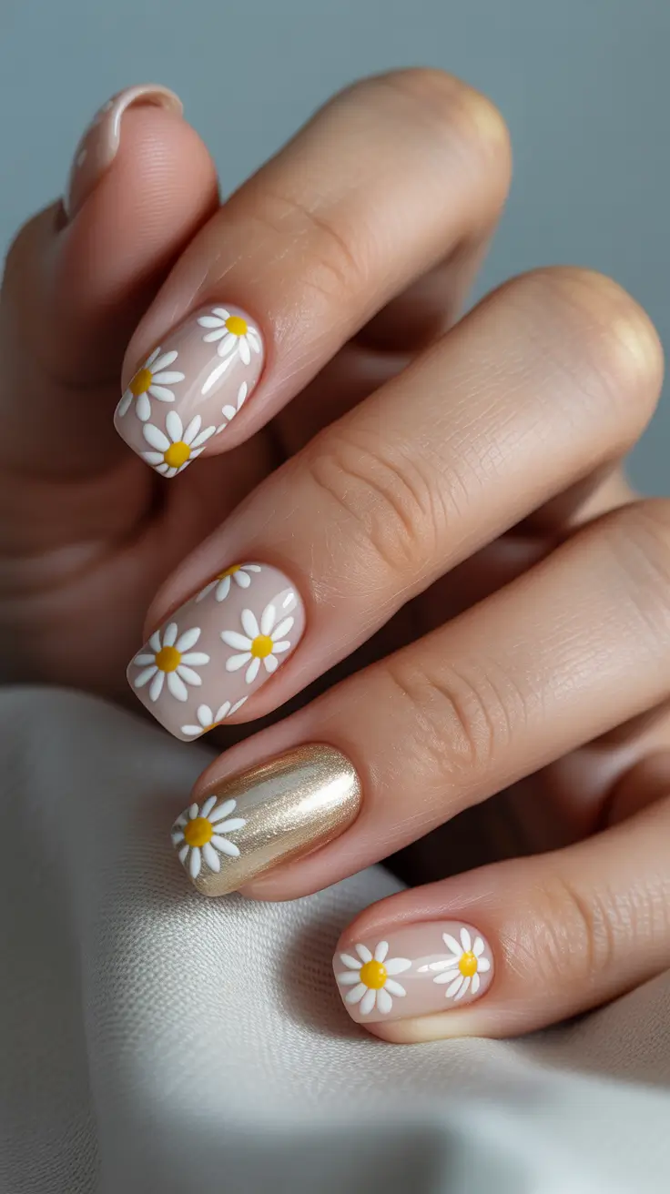 Simple Summer Nail Looks for 2025+Fresh Daisies & Gold Glow