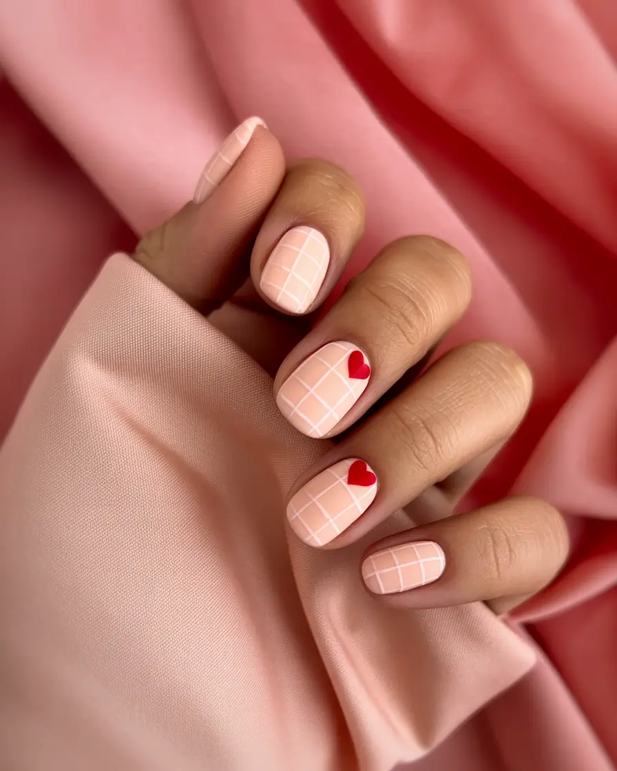 Simple Summer Nail Looks for 2025+Hearts & Grids in Pink Pastels