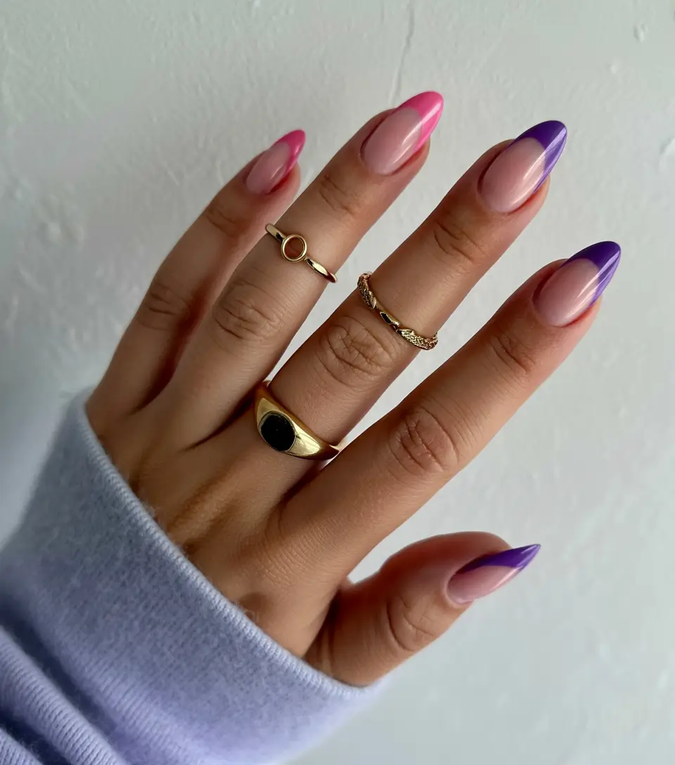 Simple Summer Nail Looks for 2025+Sunset Split Tips in Pink and Purple