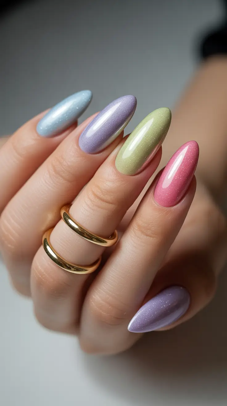 Simple Summer Nail Looks for 2025 Iridescent Almond Rainbow