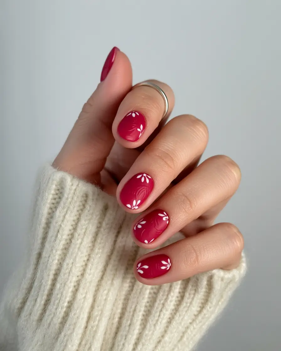 Simple Summer Nail Looks for 2025+Cherry-Red Blossoms on Glossy Crimson