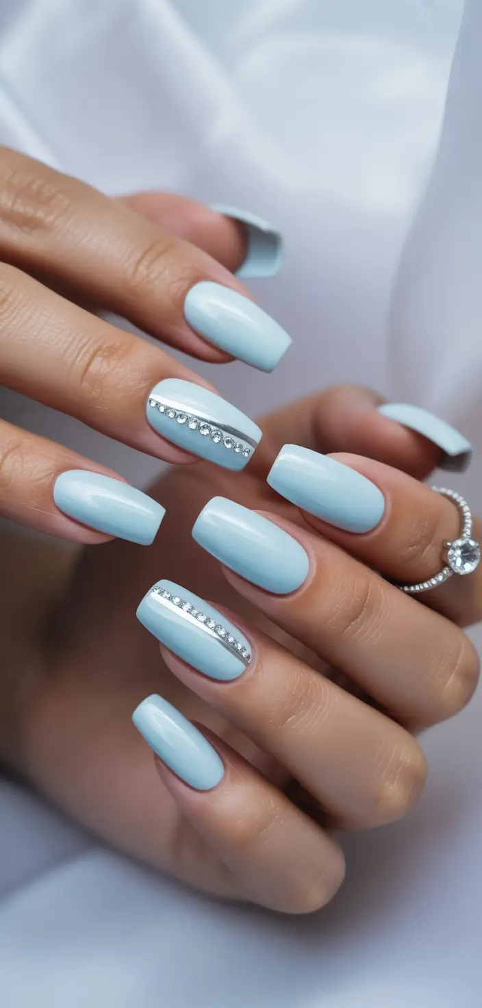 Simple Summer Nail Looks for 2025+Sky Blue Crystal Elegance