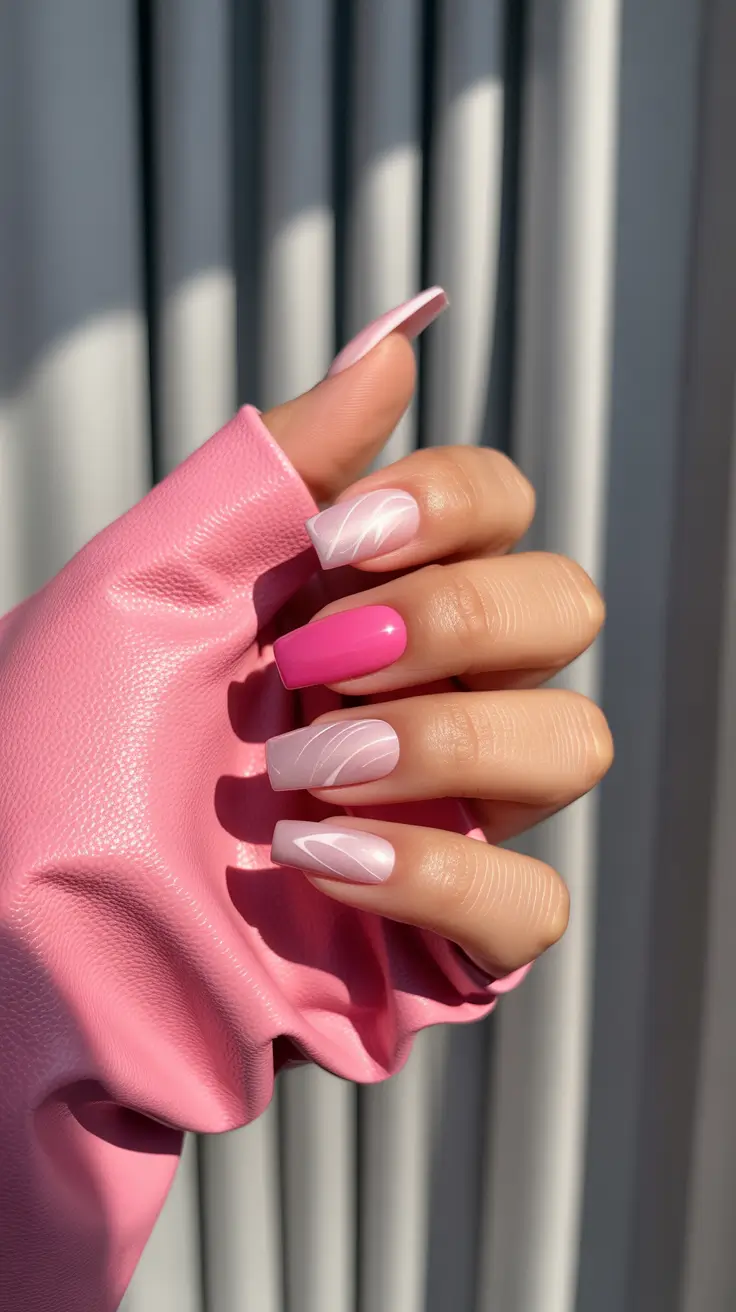 Simple Summer Nail Looks for 2025+Glossy Pink Leafy Layers