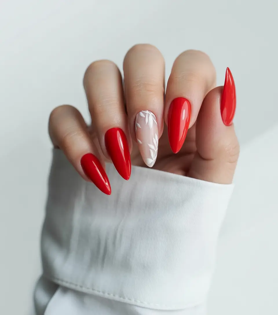 Simple Summer Nail Looks for 2025+Scarlet Almond & Delicate Accent