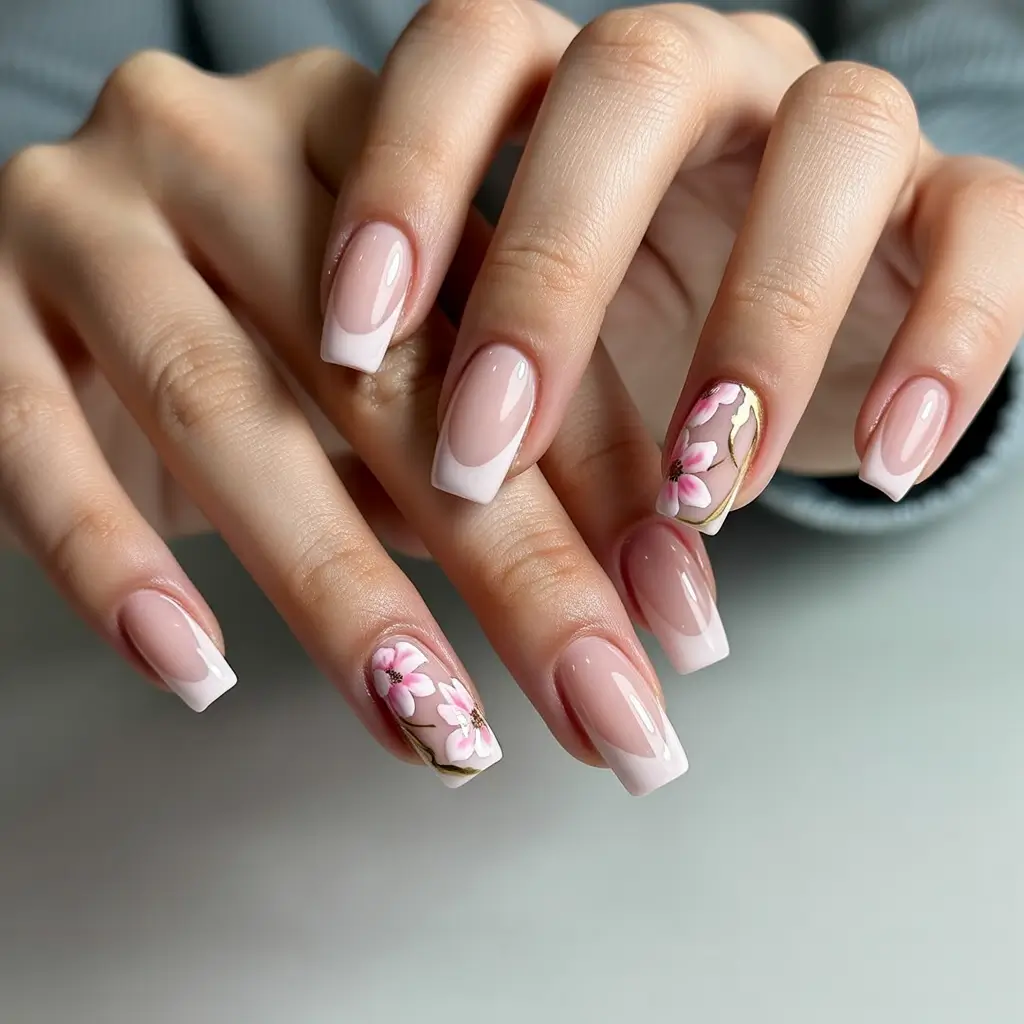 Simple Summer Nail Looks for 2025 Classic French with Blossoms