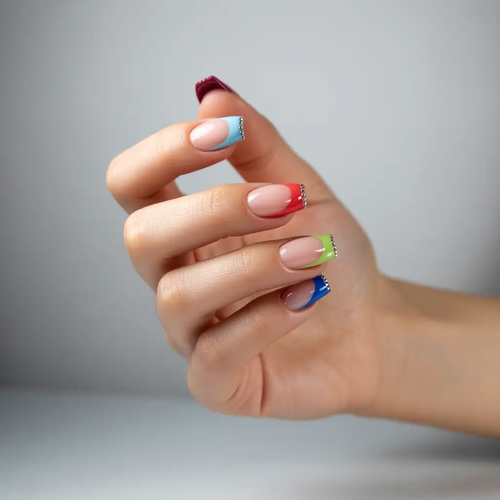 Simple Summer Nail Looks for 2025 Neon French Pop with Crystals