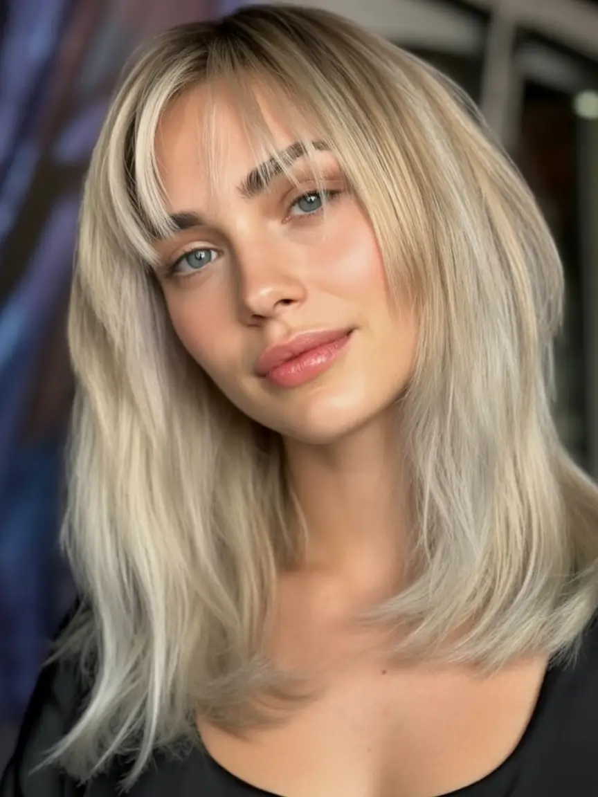 Summer 2025 Bangs Haircuts - Curtain Fringe Ideas Platinum Ash Feathered Curtain Lob