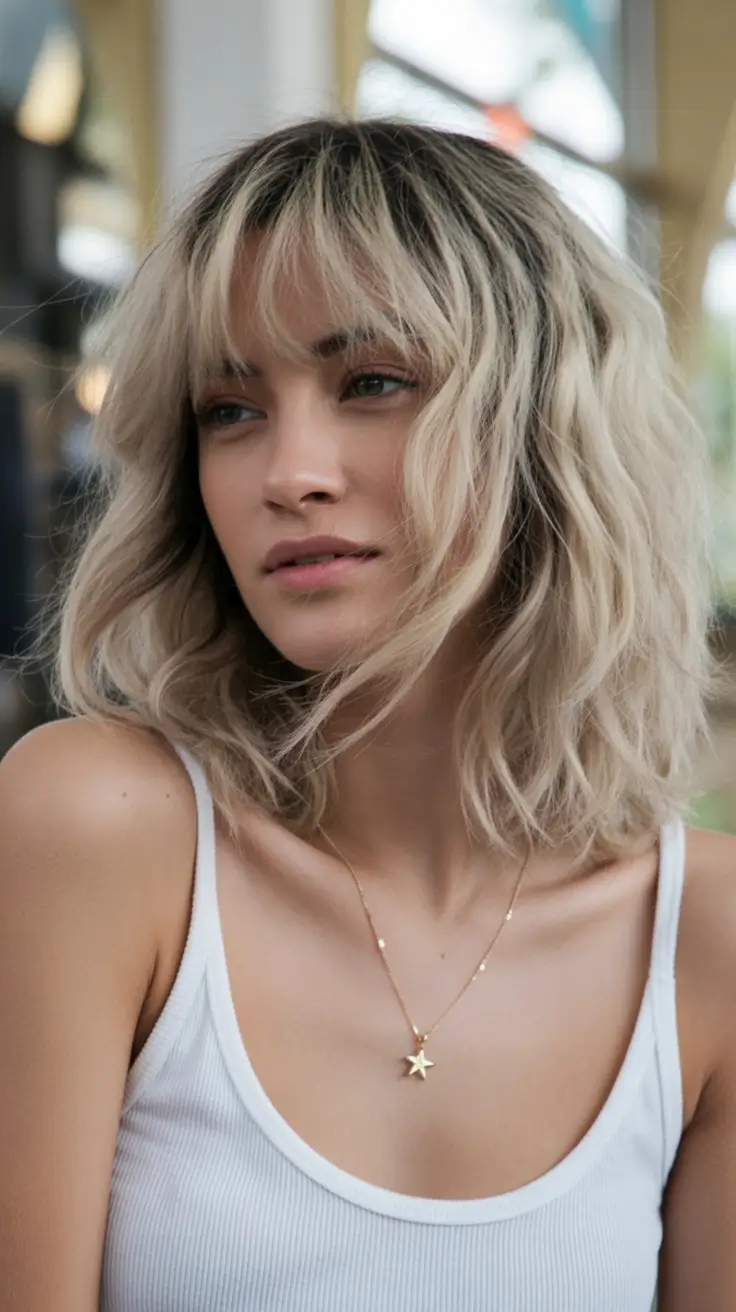 Summer 2025 Bangs Haircuts - Curtain Fringe Ideas Textured Platinum Lob with Tousled Fringe