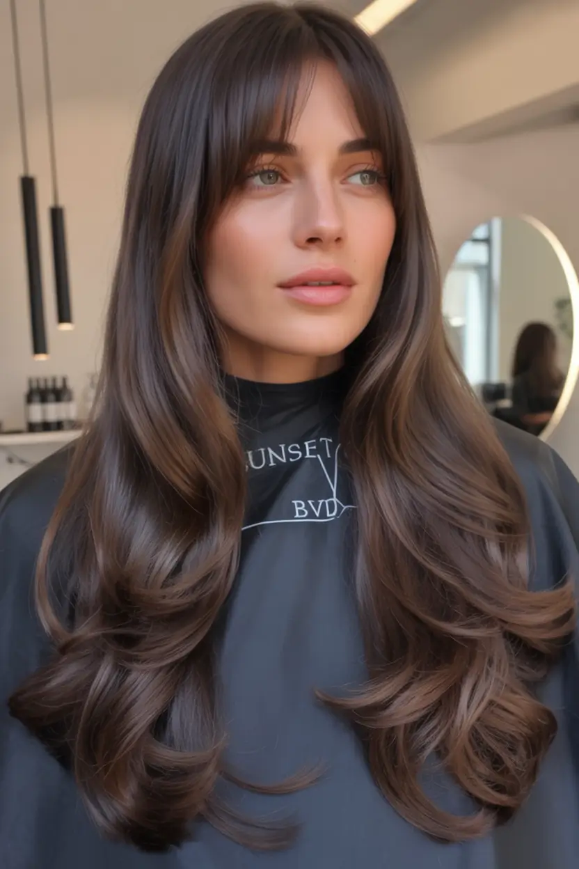 Summer 2025 Bangs Haircuts - Curtain Fringe Ideas Rich Chocolate Waves with Sleek Curtain Bangs