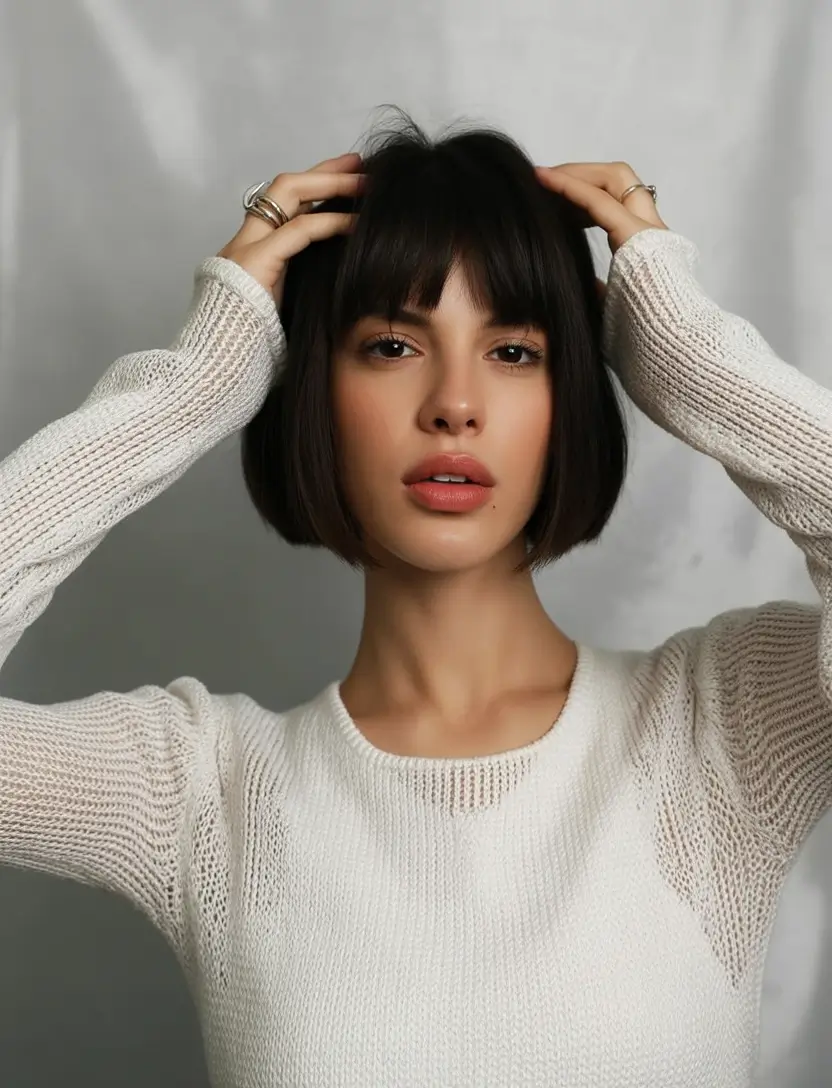 Summer 2025 Bangs Haircuts - Curtain Fringe Ideas Blunt French Bob with Mini Curtain Bangs