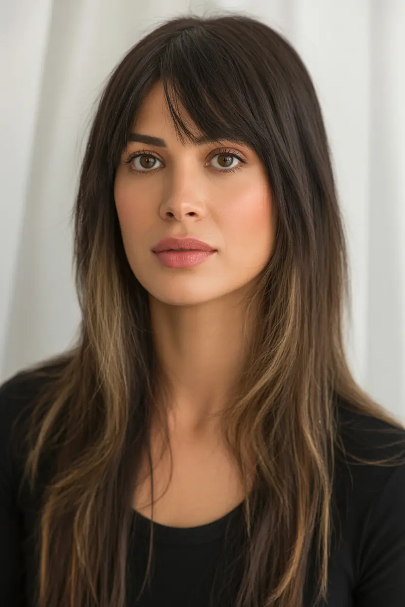 Summer 2025 Bangs Haircuts - Curtain Fringe Ideas Streamlined Brunette with Razor-Cut Fringe