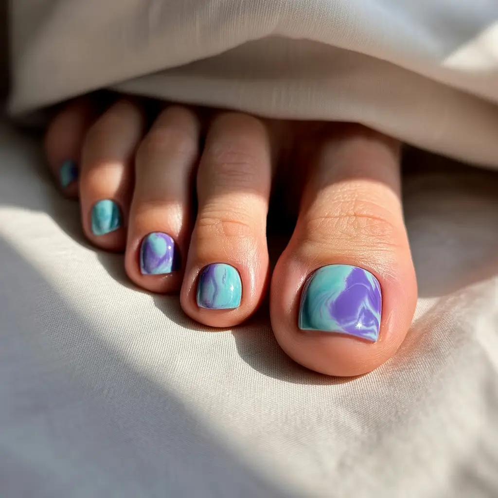 Summer 2025 Toe Nail Ideas You’ll Want to Copy Blue and Purple Watercolor Waves