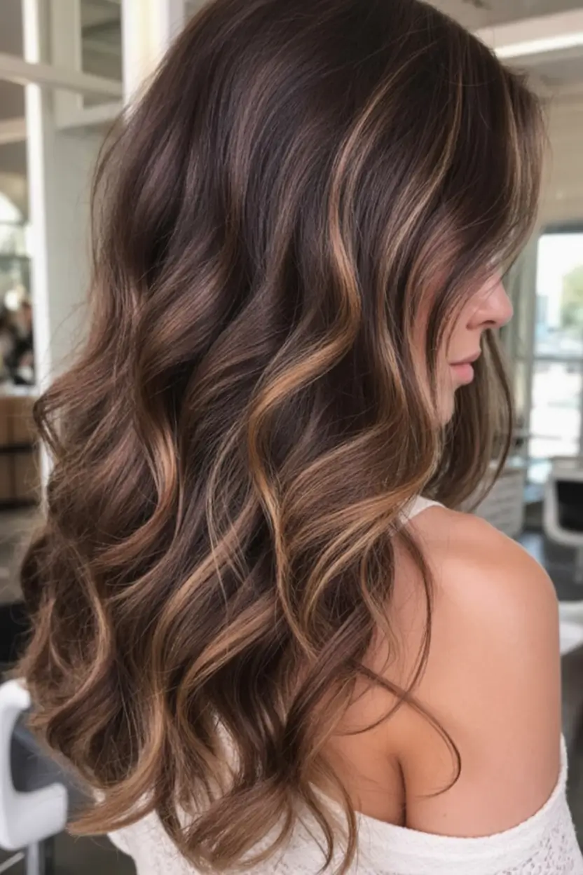 summer hair color for brunettes highlights sun kissed 2025+Soft Chocolate Curls with Toasted Highlights