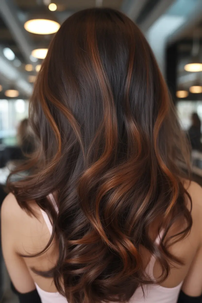 summer hair color for brunettes highlights sun kissed 2025+Molten Cinnamon Balayage on Dark Hair