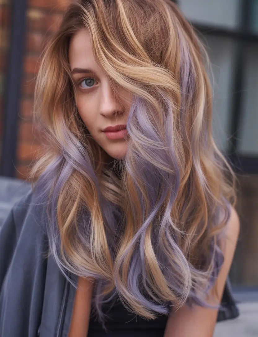 summer hair color for brunettes highlights sun kissed 2025+Blonde and Lavender Soft Waves