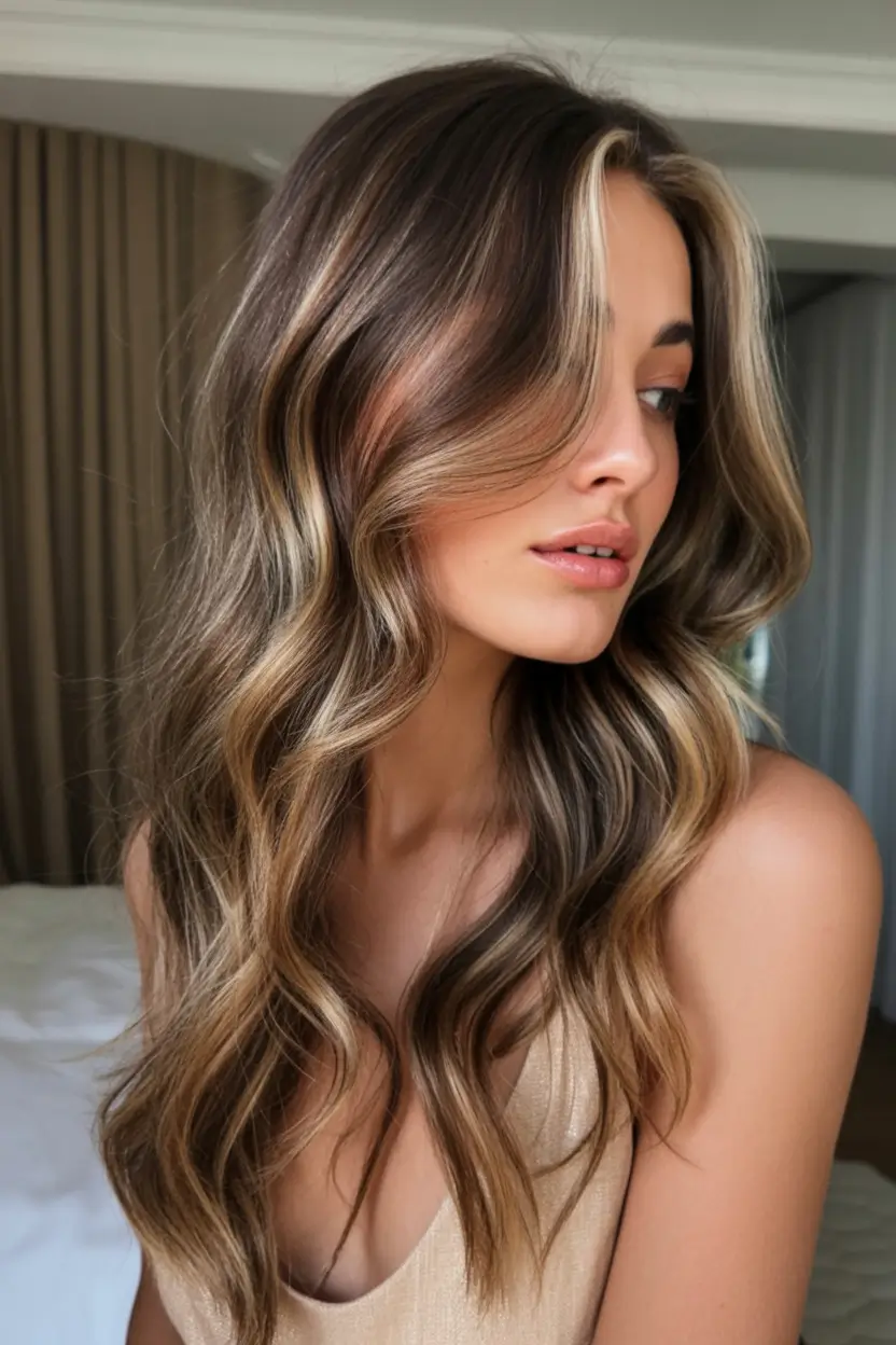 summer hair color for brunettes highlights sun kissed 2025+Glossed Sunkissed Ribbons on Loose Waves