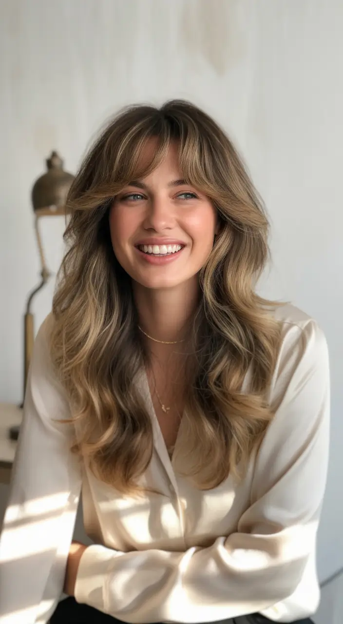 summer hair color for brunettes highlights sun kissed 2025+Soft Bangs and Balayage Glow-Up