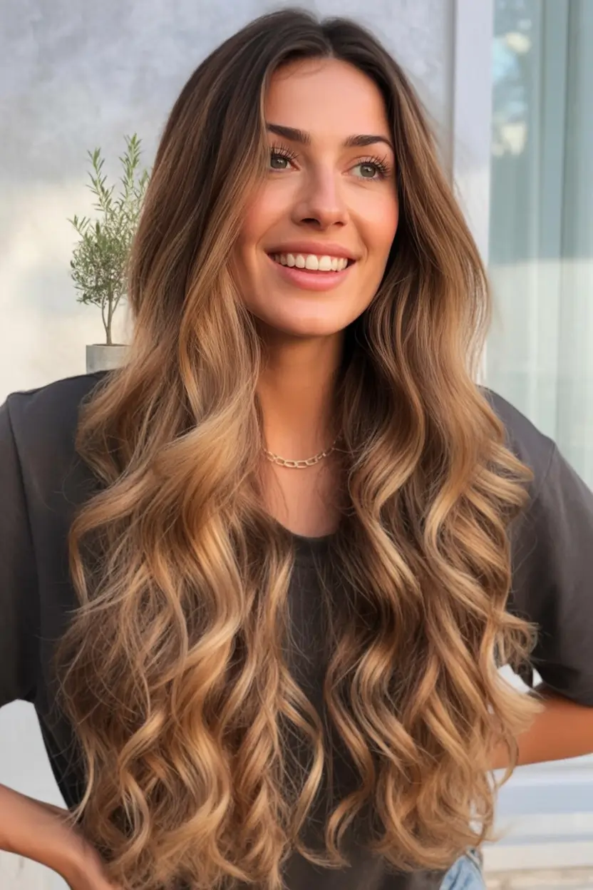 summer hair color for brunettes highlights sun kissed 2025+Long Beachy Curls With Sandy Caramel Ribbons