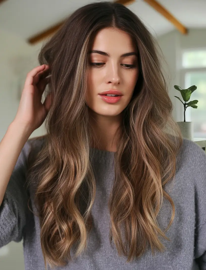 summer hair color for brunettes highlights sun kissed 2025+Muted Mocha With Smoky Blonde Veils