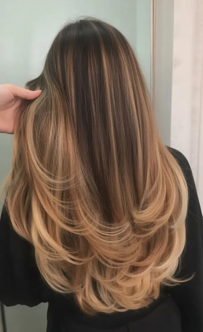 summer hair color for brunettes highlights sun kissed 2025+Golden Cascade with Flipped Layers