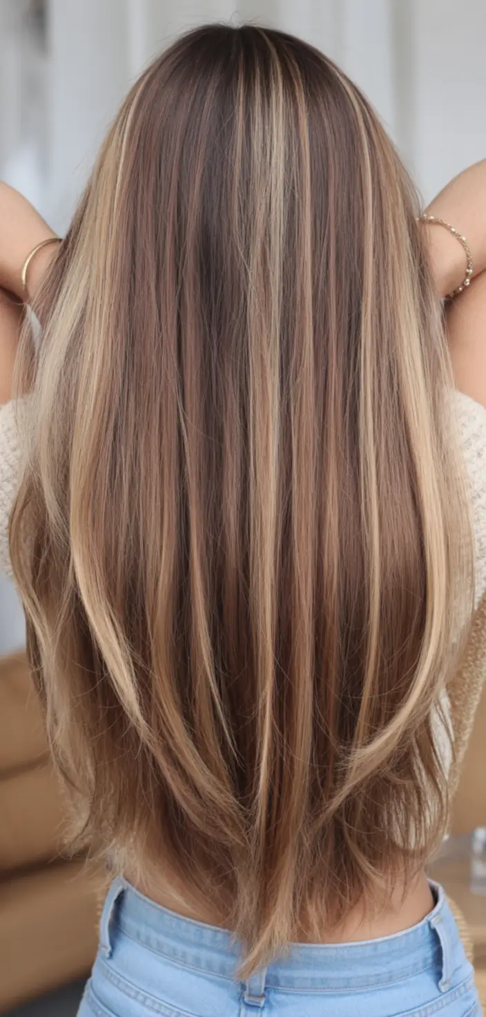 summer hair color for brunettes highlights sun kissed 2025+Cool Contrast Long Blend