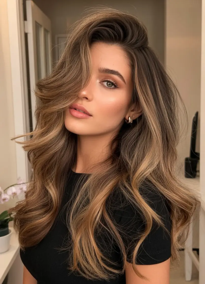 summer hair color for brunettes highlights sun kissed 2025+Windswept Layers with Toasted Caramel