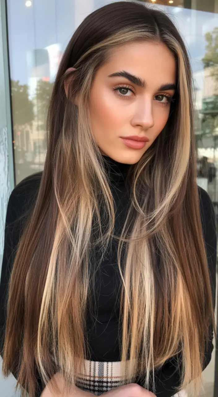 summer hair color for brunettes highlights sun kissed 2025+Ultra-Sleek Brunette with Rooted Blonde Ribbons
