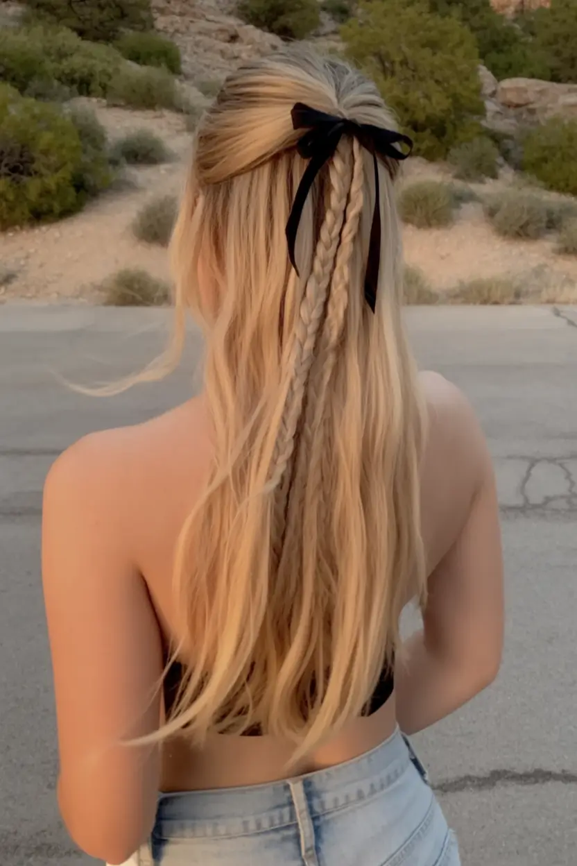 summer hairstyles for long hair 2025 Ribbon-Tied Mini Braids for Sweet Days